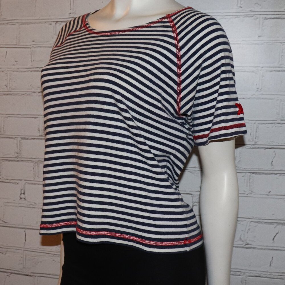 ⚓ Cathy Daniels Nautical Cropped Shirt – Navy, White & Red – Petite Large Sailor